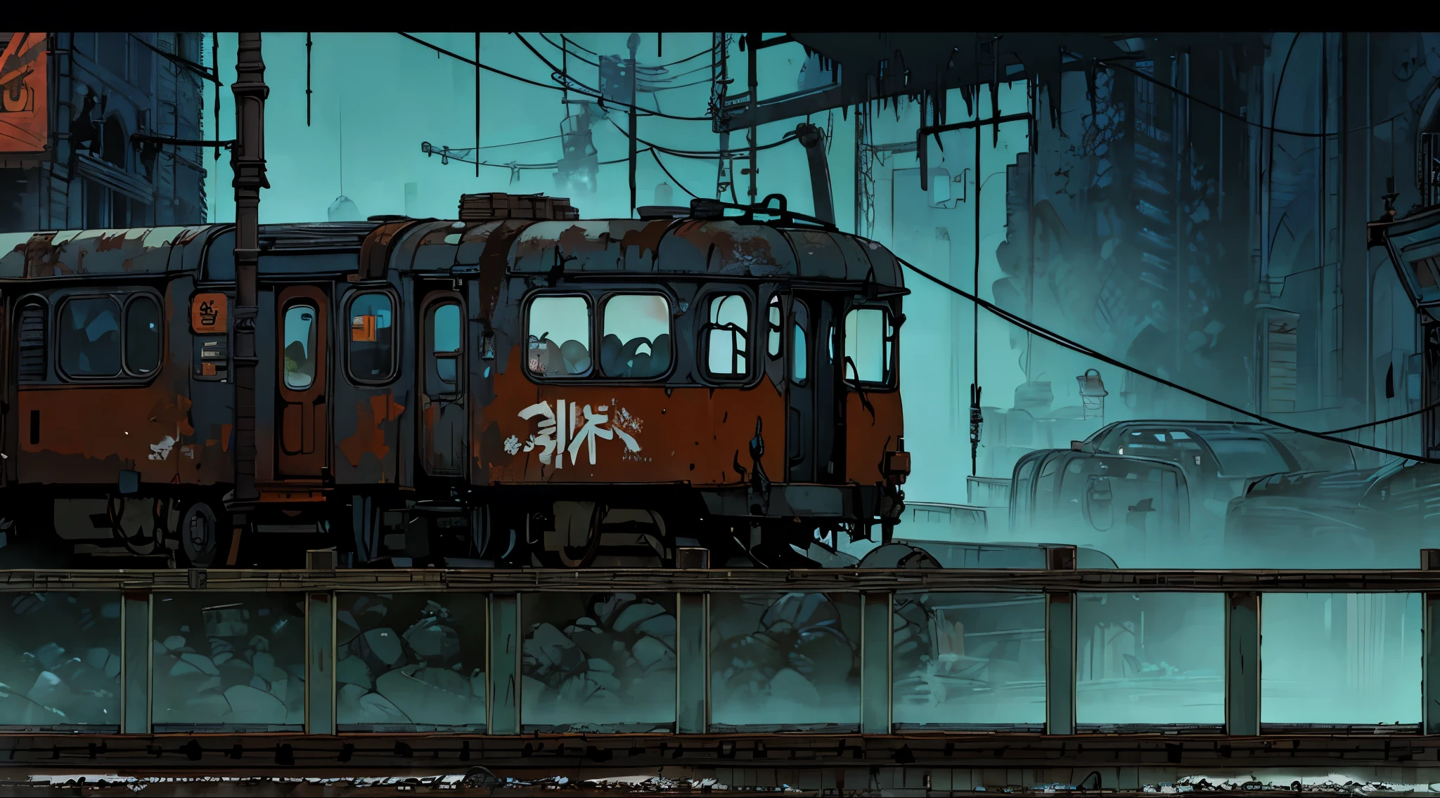 ghibli style, fence in the ruined post-apocalyptic metro station, ((camera lateral)), ((rusty pipes going up the brick walls)), (((rusty abandomned metro train car covered in graffit))), trash cans, clothes line crossing the streets, (wasteland), graffit on the walls, urban themed fighting game scenery, (((day time))), dark clouds, street fighter scenery, trash bags in a corner, trash container in the alleyway, (humid ground with small water pools)