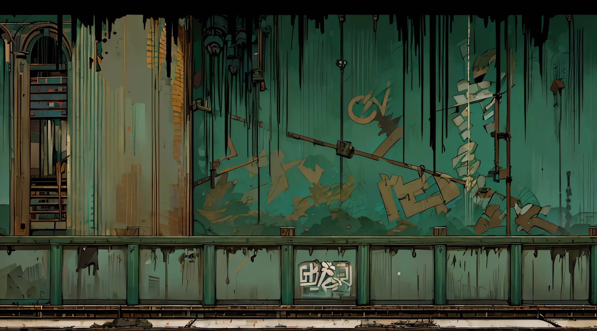 ghibli style, fence in the ruined post-apocalyptic metro station, ((camera lateral)), ((rusty pipes going up the brick walls)), (((rusty abandomned metro train car covered in graffit))), trash cans, clothes line crossing the streets, (wasteland), graffit on the walls, urban themed fighting game scenery, (((day time))), dark clouds, street fighter scenery, trash bags in a corner, trash container in the alleyway, (humid ground with small water pools)