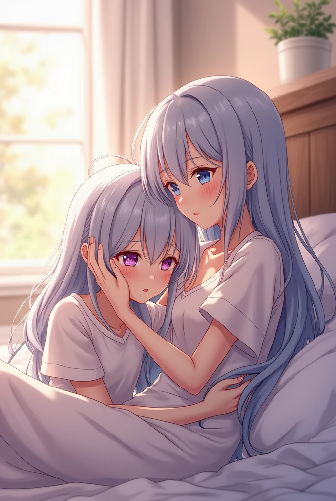 index, index, silver hair, long hair, (flat chest:1.2) ,girl sleeping with both eyes closed,smile,Bedroom, windows,romantic starry sky,A meteor crosses,T-shirt,white,sleeping in bed,night,sleep with your head on the pillow,Sleeping lying on your back in bed,dark room,night, break indoors, Bedroom, break (masterpiece:1.2), highest quality, High resolution, unity 8k wallpaper, (shape:0.8), highly detailed face, perfect lighting, Very detailed CG, (perfect hands, perfect anatomy),