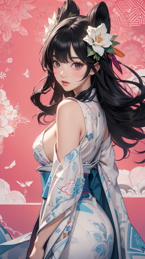 ((black hair:1.2)),(long hair with curls:1.3),(pale pink eyes:1.4),(Eye size:1.5),(tradition of Alsatian accessories:1.3),((Alsatian costume fashion:1.4)),(Background full of blooming flowers:1.5),(blush),(upward glance:1.3),(small breasts:1.4),(focus on face:1.3),((look up:1.25)),((fashion color White、darkBlue、red:1.3)),(beautiful eyes:1.2),((close up of face:1.5)),(NSFW:1.2),((hugging breasts:1.5)),