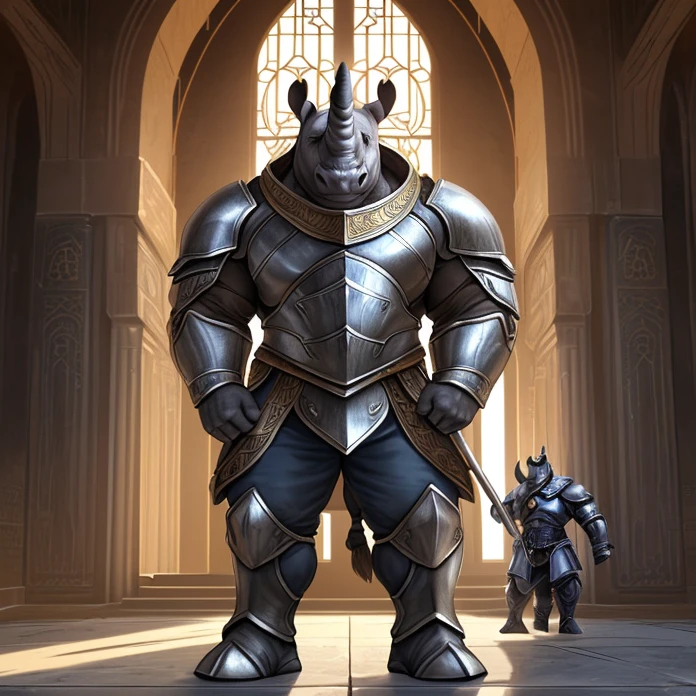 Masterpiece, HD, high resolution, high quality, best quality, super detailed. Solo character alone. Fantasy art.
{{(A 40-years-old adult-male-rhinoceros-royal-guard:(appearance: white-rhino-head. Rhinoceros face. 2-rhino-horns. Rhino-brown-colored-eyes. Rhino-nose. Rhino-ears. Rhino-mouth. Rhino-lips. Rhino-male-muscular-anthro-body. Rhino-skin. Strong-arms. Grey-hands-with-five-fingers. Grey-rhino-strong-legs. Rhino-feet. He stands 2,00-meters-tall. He’s standing vigilant and brave. Serious face. responsible guard demeanor.),(he wears: golden-bulky-armor. Silver-scalemails under armor. Silver-pants.),(equipment: long-steel-golden-halberd.),(scenery: silver-persian-castle-hall. ancient-persian-aesthetic. Silver-floor. Silver walk ways. Sunny-rays-sky through the castle’s windows.))}}