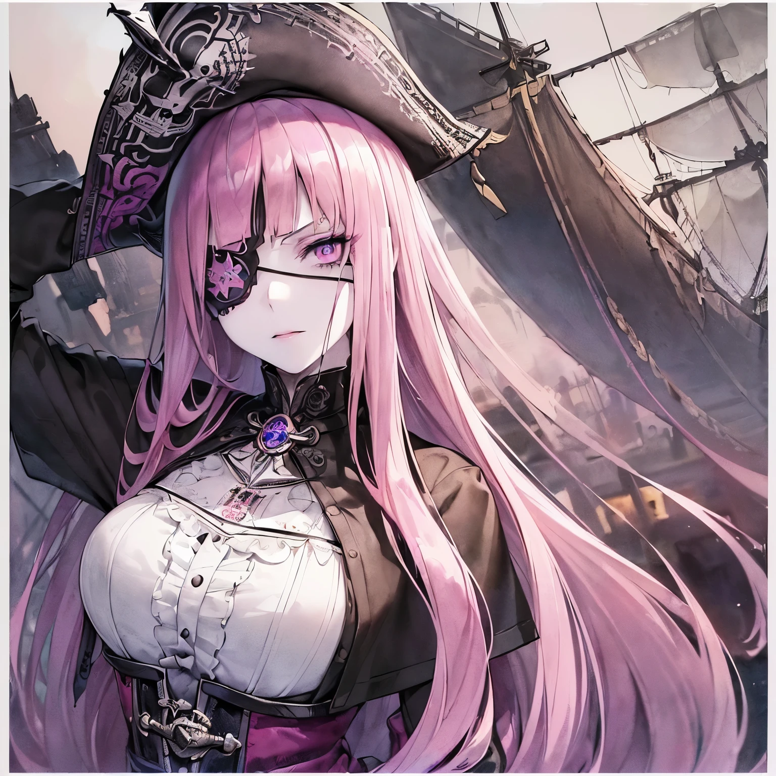 One adult woman, pink eyes, long blonde hair, pirate clothes