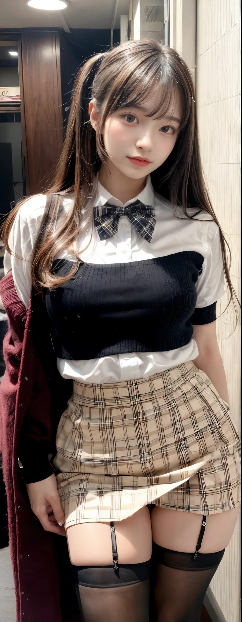 ((highest quality、8k、masterpiece:1.3)),((((cowboy shot)))),Ultra-high resolution,big eyes,Japanese,bangs,(a girl),(1 girl),((20 years old)),((facing at viewer)),(long hair),(((black school uniform))),grin,((sitting on chair)),(pleated mini skirt),(((pussy))),((pubic hair)),(((open legs))),((skirt lift))
