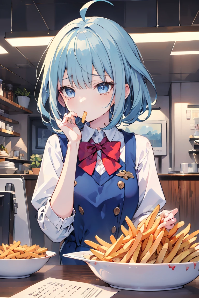 (((beautiful detailed)))(cute face:1.2)1girl, A girl stuffing her face with french fries, Girl crying while eating a pile of french fries, Inside a 2000s-style diner, 1950s-style interior, light Navy blue hair, blue eyes, A short-sleeved white shirt with four vertical bow ties, Ahoge, long bob cut with fluffy hair(sharp lines:1.2)(clear line:1.2)(eye details:1.3)(thick border:1.4) animation cel style,ligne claire, limited palette((masterpiece, high quality, best quality))(low contrast: 0.5),Anna yanami, blue hair, blue eyes, school uniform, makeine, too many losing heroines,Watercolor style, watercolor pencil, paper texture,90s style,Anna yanami, blue hair, blue eyes, school uniform, makeine, too many losing heroines, 