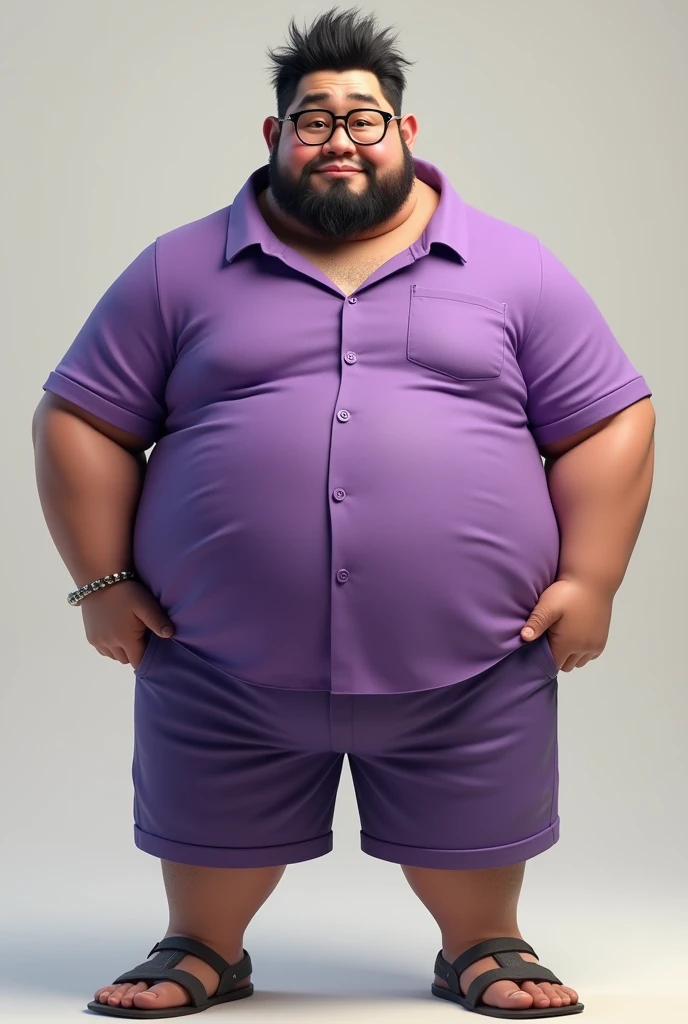 30 years old man Russian short Hair wearing a purple t-shirt pink panties wearing a gold necklace Very fat wearing red nail polish