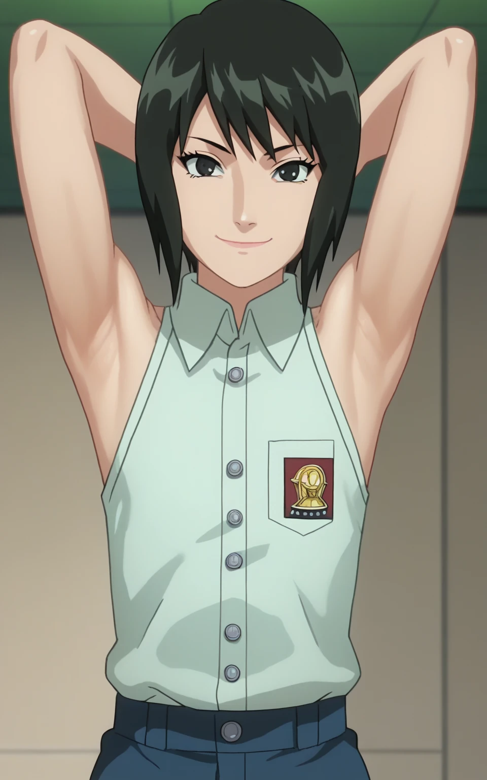 score_9, score_8_up, score_7_up, source_anime, anime screencap, 1girl, solo, shizune, mature, short hair, indonesian highschool outfit, sleeveless shirt, collared shirt, buttons, sleeveless, bare shoulders, bare arms, arms behind head, armpits, flat chest, from above, looking at viewer, head towards viewer, smile, closed mouth, badhandv4, indoors, juicy armpits