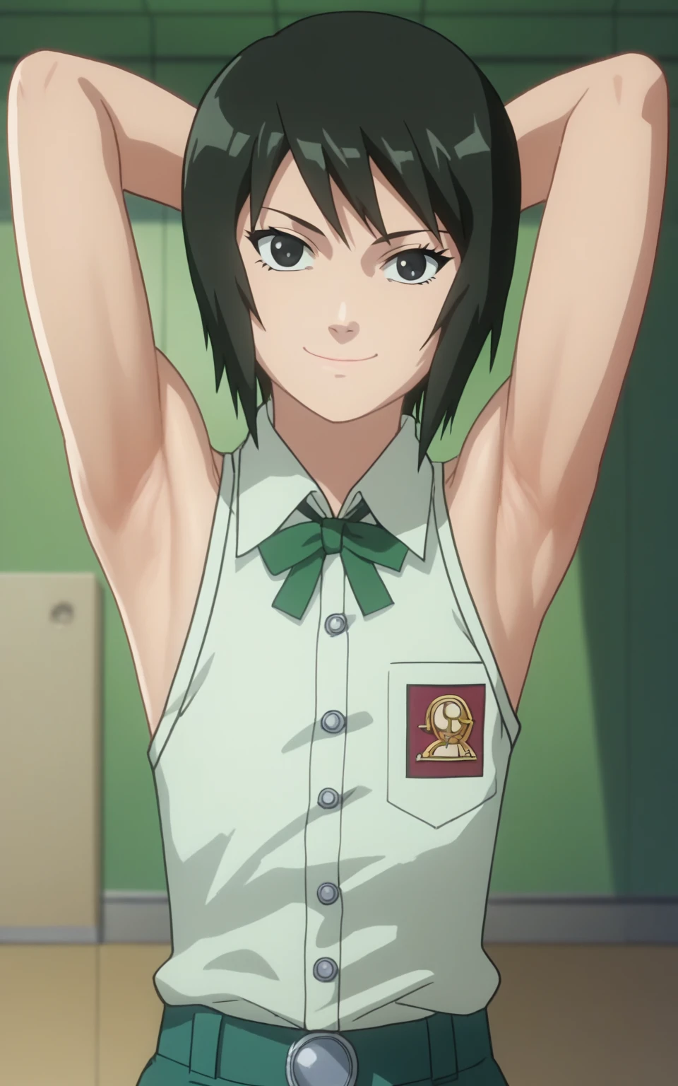 score_9, score_8_up, score_7_up, source_anime, anime screencap, 1girl, solo, shizune, mature, short hair, indonesian highschool outfit, sleeveless shirt, collared shirt, buttons, sleeveless, bare shoulders, bare arms, arms behind head, armpits, flat chest, from above, looking at viewer, head towards viewer, smile, closed mouth, badhandv4, indoors, juicy armpits