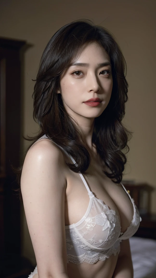 solo,  turning your gaze , Center parting shortcut,  high definition , masterpiece,  anatomically correct , accurate,  best quality,  Ultra High Definition,  textured skin, woman、 Hair parted to the center 、 Big Breasts 、 lingerie、45 years old、 bedroom、 8k octane, 