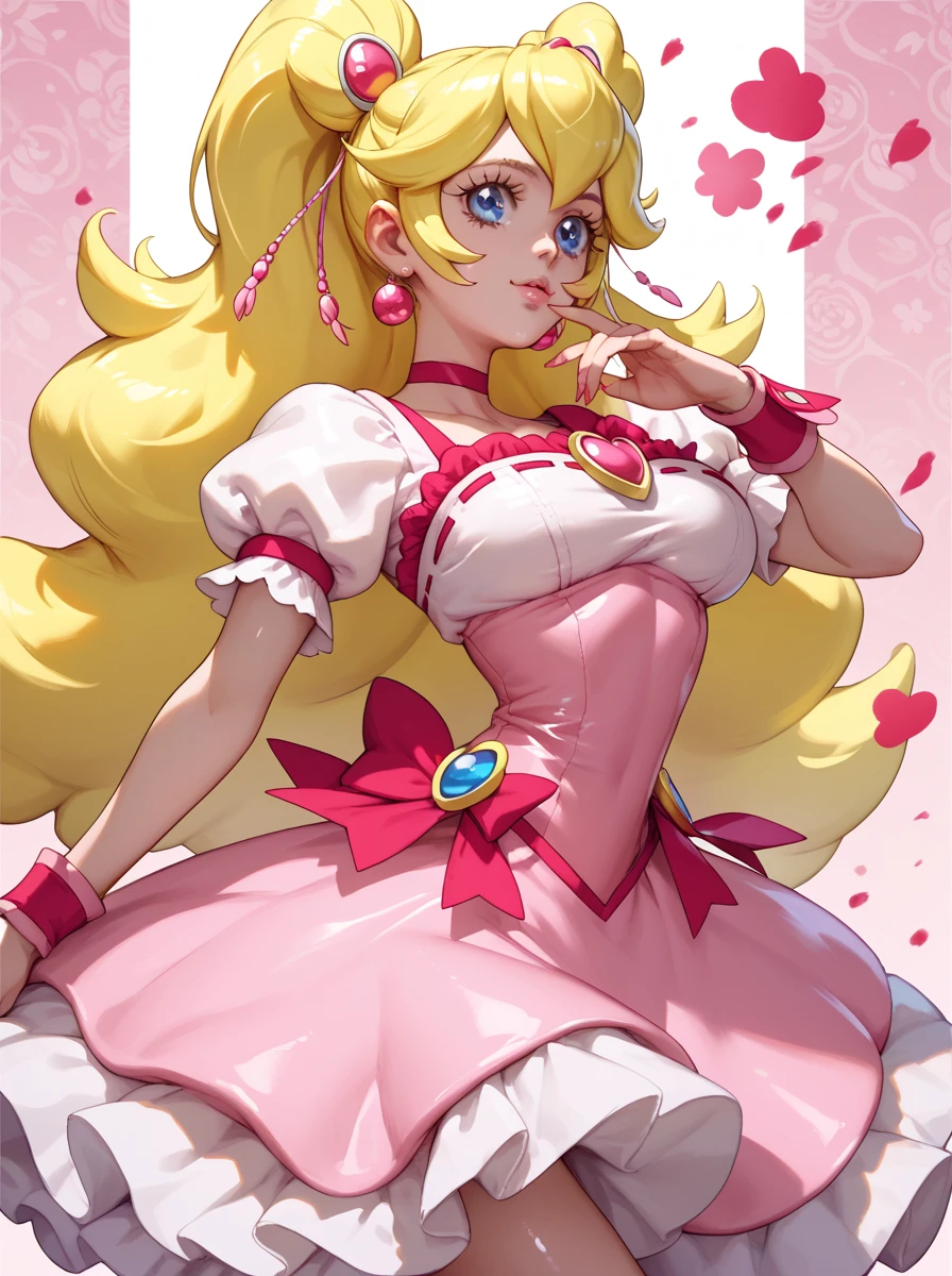  detailed background, shiny skin,  pose,
 CURE PEACH, 
 Big Breasts ,