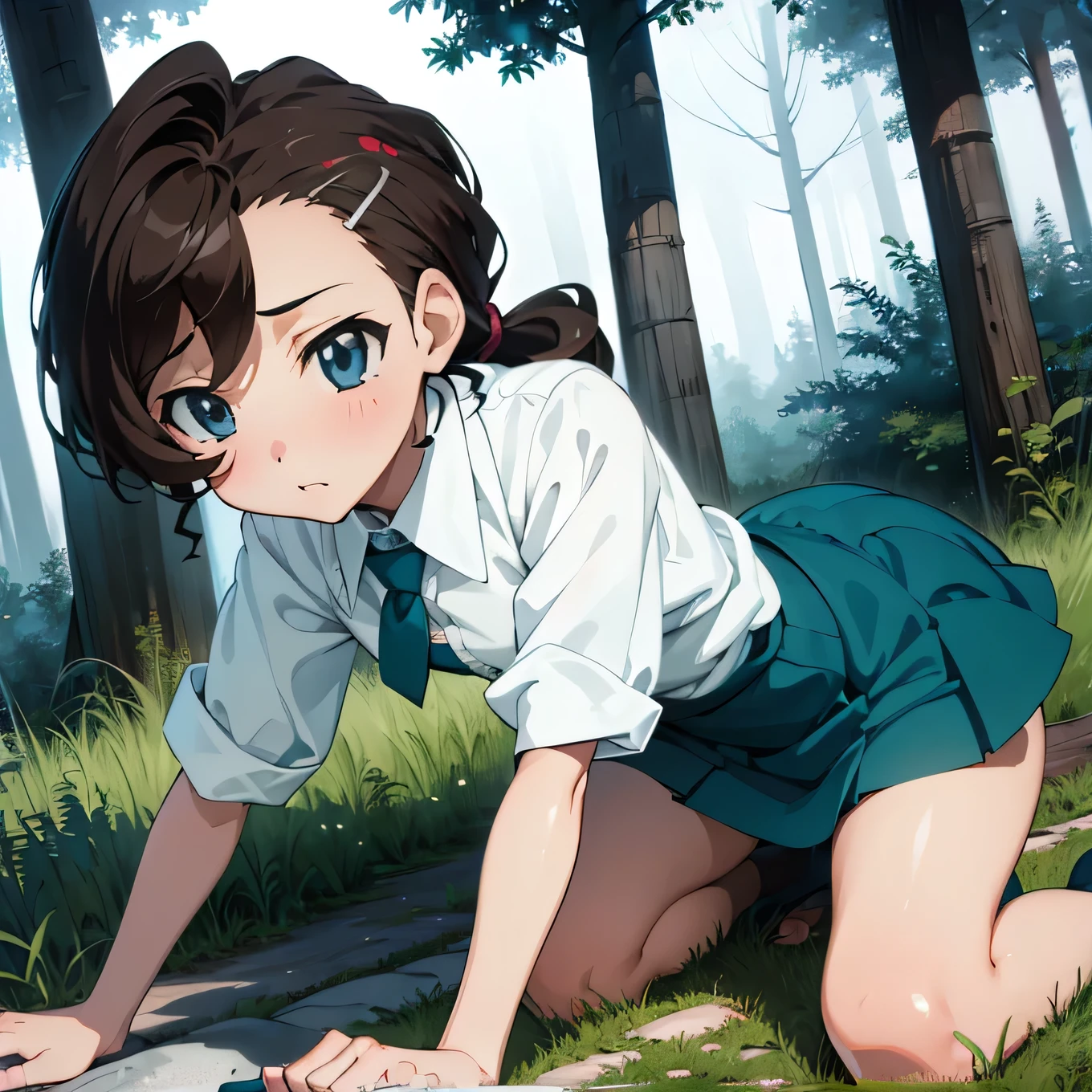 Mana Inuyama, One girl,,black eyes,White shirt, Teal Skirt, Tea tie, Cowboy Shot, ponytail,white lace panties ,outdoor,forest,tree,dark,at night,darkness night,night view,kyoto animation style,lift skirt,all fours,
break masterpiece ,8k unity wallpaper,anime key visual  (shape:0.8),anime coloring,highly detailed face, detailed eyes,growing eyes,shiny skin,fine skin,white skin,dense skin,detailed hair,highly detailed legs, Detailed CG, (perfect hands, perfect anatomy),High resolution,(Detailed wear ),slender limbs, delicate curves, dainty hands,