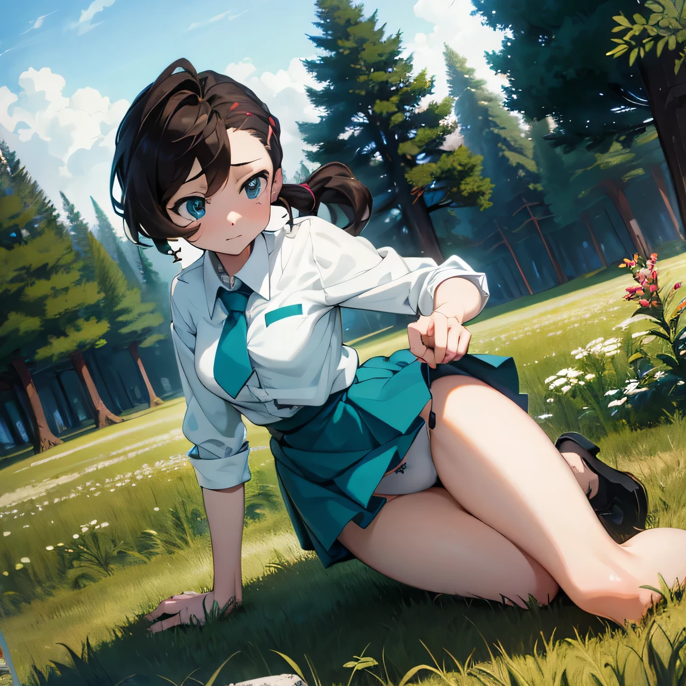 Anime girl sitting on the ground in a field of grass - SeaArt AI