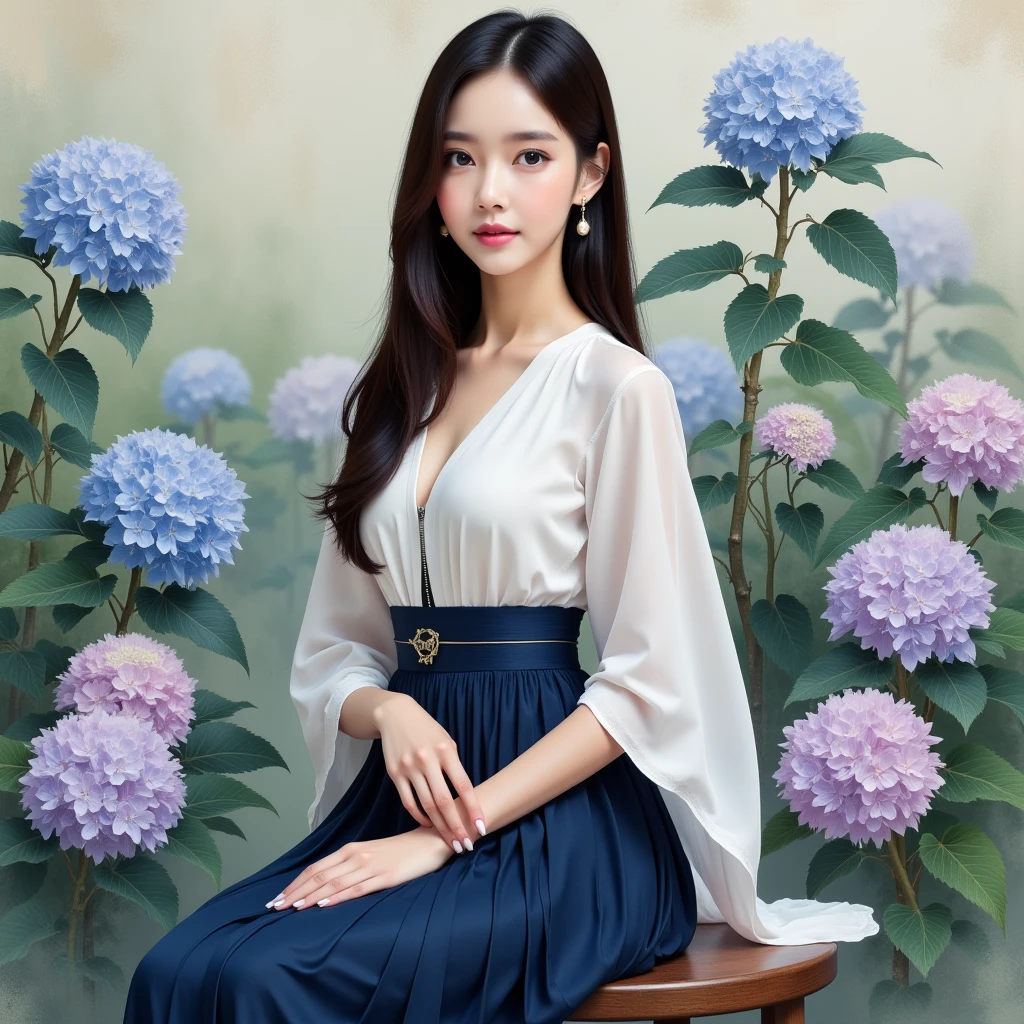 (traditonal chinese ink paiting:1.4),Elegant portrait of an East-Asian woman sitting gracefully on a wooden stool, wearing a stylish modern dress with a flowing white blouse and a navy blue pleated skirt, adorned with a delicate blue ribbon. Her long, silky black hair cascades over her shoulders, gently catching the soft light. The background is filled with vibrant hydrangea blossoms in shades of blue, purple, and pink, creating a serene and romantic atmosphere. The lush greenery surrounds her, complementing the delicate colors of the flowers. The lighting is soft and natural, highlighting her flawless porcelain-like skin and serene expression. The composition exudes elegance and tranquility, blending modern fashion with the natural beauty of the floral setting
