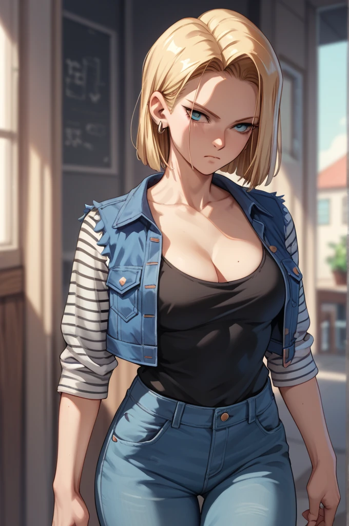 android 18, android 18, blonde hair, blue eyes, eyelash, hoop earrings, short hair, earrings, break belt, black legwear, black shirt, breast pocket, cleavage, clavicle, denim, denim skirt, high-waist skirt, jewelry, long sleeve, pocket, shirt, shirt tucked in, skirt, striped, striped sleeves, waistcoat,, break outdoors, city, null, cloud, sun, break looking at viewer, (cowboy shot:1.5), break (masterpiece:1.2), highest quality, High resolution, unity 8k wallpaper, (figure:0.8), (beautiful and fine eyes:1.6), highly detailed face, perfect lighting, Very detailed CG, (perfect hands, perfect anatomy)