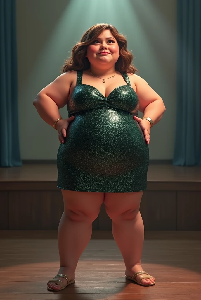 a pregnant tween in tight short black dress with wavy hair pole dancing in a night club,  retro style from 70's, crouching down:1.5, big buttocks:1.5