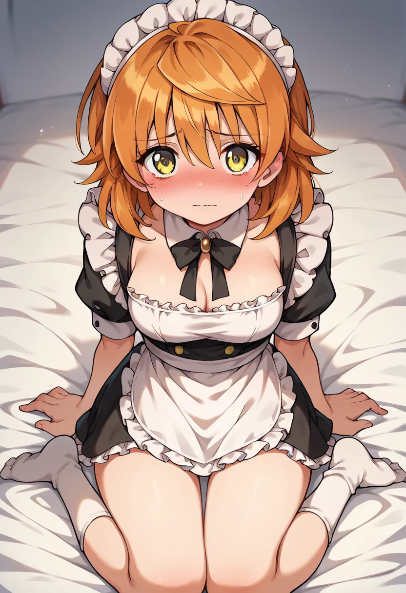  score_9,  score_8_up,  score_7_up,  1 girl, Alone, Rico Yuisaki,  yellow eyes, Eyebrow,  Medium Hair , Orange hair ,,  white thigh high socks,  is sitting on the ground,  Blushing , Nervous, Put your hands on your pubic area ,  no shoes ,  looking at you , bedroom、 maid outfit 、cute