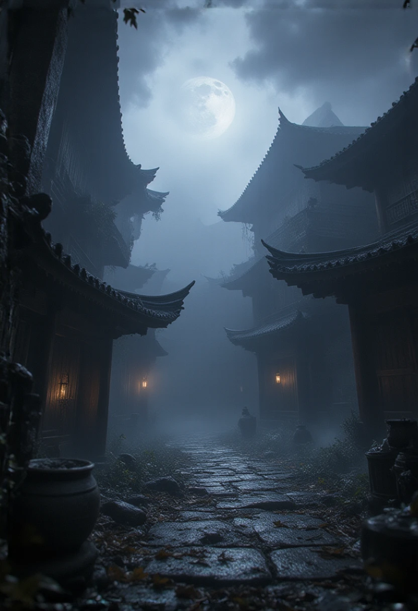 a detailed abandoned 1980's japanese village, Fatal Frame by KOEI TECMO GAMES CO., highly realistic lighting, dark and atmospheric, moody and eerie, gloomy and foreboding, old dilapidated buildings, moonlight shining through broken windows, flickering candles, shadows lurking in the corners, fallen leaves covering the ground, dense fog obscuring the distance, abandoned antique furniture, cobwebs in the corners, detailed textures, intricate architectural elements, ancient japanese architecture, sense of isolation and dread, photorealistic,8k,masterpiece, third-person point of view