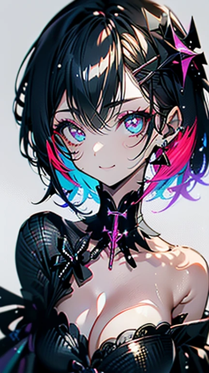 BLACKLIGHT, ((NSFW)), ((Small Boobs)), realistic art, extremely delicate and beautiful, ultra-detailed, (1girl), ((Teal eyes)), floating, detailed light, illustration, dynamic angle, depth of field, ((((milf)))), girly, ((Teal and White hair, multicoloured hair, Teal highlights hair, (Ponytail), hair ornament, hair flower, flower, makeup, braid, smile)), demon eyes, fangs, pale white skin, (((best quality, 1girl, (skindentation), (blur background:0.6), (casual yet stylish, ((Demon Horns)), ), gorgeous, (short hair:1.5), soft lighting, wind, (front light:1.5), surprised, choker, smile, jewelry, earrings))), (ultra high res, best quality,), (8k, raw photo, best quality, masterpiece), technological sense, best quality, masterpiece, illustration,CG ,unity ,wallpaper, official art, Amazing, finely detail, an extremely delicate and beautiful,extremely detailed, highly detailed, sharp focus,rich background, (real person,photograph), ((high detailed skin)), ((( , (crazy eyes:1.3), (wide-eyed:1.2), (glowing eyes), (Demon) ))), (((a close up of a person with a weird face and nails, gothic maiden anime girl, gothic - cyberpunk, cyberpunk horror style, gothic art style, detailed digital anime art, gothic art, demon anime girl, gothic girl face, anime style 4 k, dark art style, anime cyberpunk art, gothic aesthetic, 1 7 - year - old anime goth girl, gothic horror vibes)))