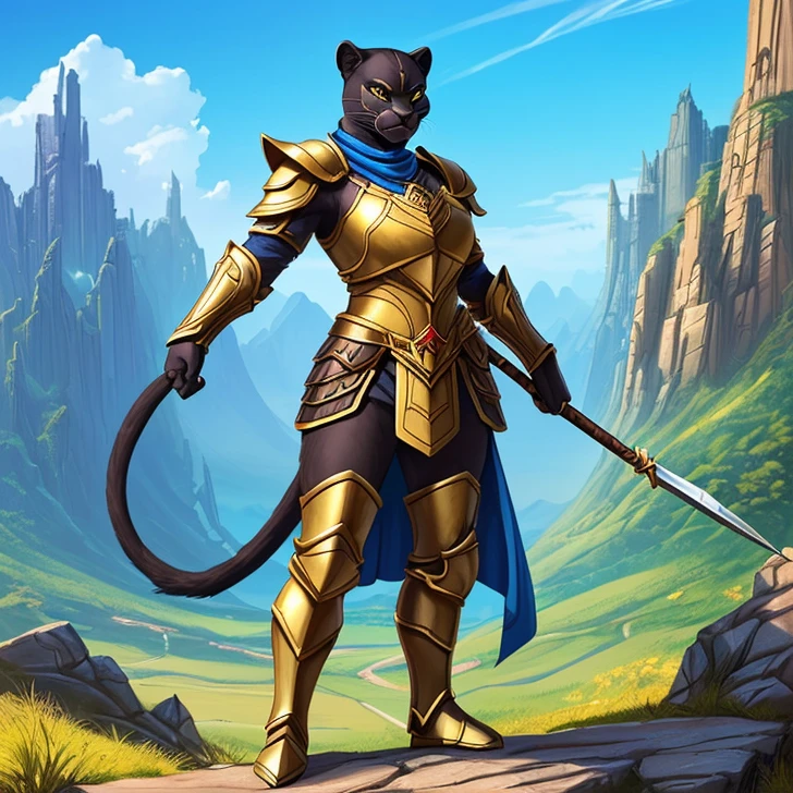 Masterpiece, HD High Resolution, high quality, Best Quality, super detailed. Solo creature alone, multiple views. Fantasy art.
{{(A 80-years-old adult-female-black-panther-humanoid-warrior:(appearance: true-female-panther-face. Panther-black-body-hair. Black-panther-fur. Panther-yellow-eyes. female-humanoid-upper-body. two-legs-shaped-as-panther-legs. Panther-tail. Panther-claws. Serious-face-very-confident and honorable. She has honorable-demeanor. brave and heroic personality. she stands 1,82-meters-tall. she poses bravely wielding a spear with both-hands.),(equipment: zulu-spear.),(she wears: blue-heavy-Kush-armor. yellow kush-styled shirt. yellow pants. Blue-knees-armors. Blue-shoulders-armors. Blue-arms-armors. Blue-heavy-armored-cuirass. Heavy-blue-breastplate.),(scenery: Zulu-mountain. Rodesian-fantasy-city. light-blue sky. sunny day.))}}