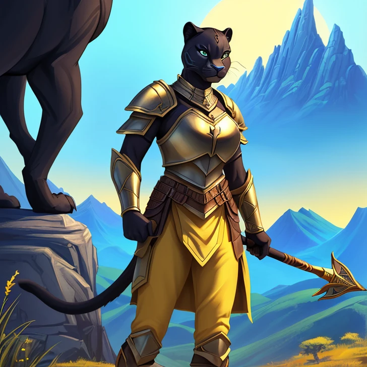 Masterpiece, HD High Resolution, high quality, Best Quality, super detailed. Solo creature alone, multiple views. Fantasy art.
{{(A 80-years-old adult-female-black-panther-humanoid-warrior:(appearance: true-female-panther-face. Panther-black-body-hair. Black-panther-fur. Panther-yellow-eyes. female-humanoid-upper-body. two-legs-shaped-as-panther-legs. Panther-tail. Panther-claws. Serious-face-very-confident and honorable. She has honorable-demeanor. brave and heroic personality. she stands 1,82-meters-tall. she poses bravely wielding a spear with both-hands.),(equipment: zulu-spear.),(she wears: blue-heavy-Kush-armor. yellow kush-styled shirt. yellow pants. Blue-knees-armors. Blue-shoulders-armors. Blue-arms-armors. Blue-heavy-armored-cuirass. Heavy-blue-breastplate.),(scenery: Zulu-mountain. Rodesian-fantasy-city. light-blue sky. sunny day.))}}