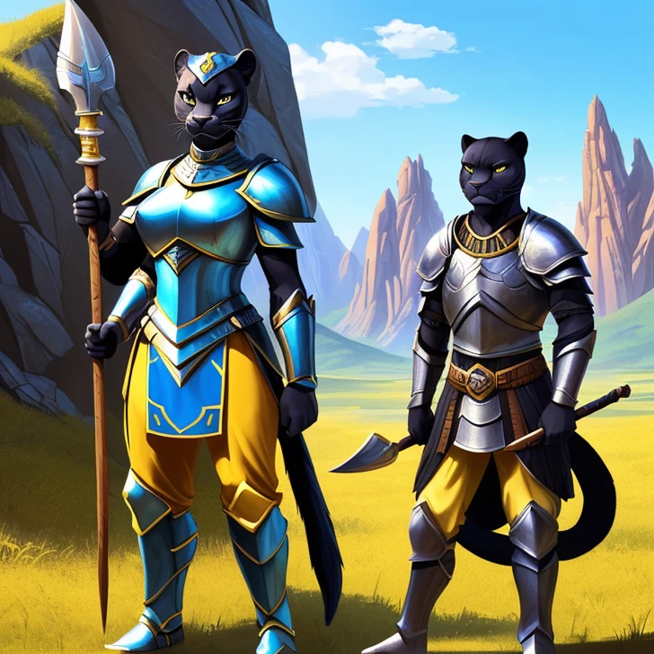 Masterpiece, HD High Resolution, high quality, Best Quality, super detailed. Solo creature alone, multiple views. Fantasy art.
{{(A 80-years-old adult-female-black-panther-humanoid-warrior:(appearance: true-female-panther-face. Panther-black-body-hair. Black-panther-fur. Panther-yellow-eyes. female-humanoid-upper-body. two-legs-shaped-as-panther-legs. Panther-tail. Panther-claws. Serious-face-very-confident and honorable. She has honorable-demeanor. brave and heroic personality. she stands 1,82-meters-tall. she poses bravely wielding a spear with both-hands.),(equipment: zulu-spear.),(she wears: blue-heavy-Kush-armor. yellow kush-styled shirt. yellow pants. Blue-knees-armors. Blue-shoulders-armors. Blue-arms-armors. Blue-heavy-armored-cuirass. Heavy-blue-breastplate.),(scenery: Zulu-mountain. Rodesian-fantasy-city. light-blue sky. sunny day.))}}