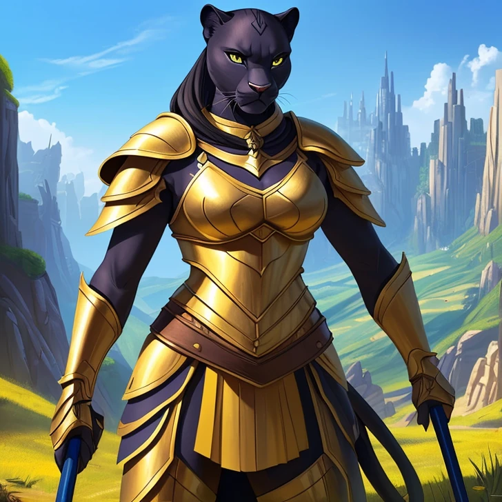 Masterpiece, HD High Resolution, high quality, Best Quality, super detailed. Solo creature alone, multiple views. Fantasy art.
{{(A 80-years-old adult-female-black-panther-humanoid-warrior:(appearance: true-female-panther-face. Panther-black-body-hair. Black-panther-fur. Panther-yellow-eyes. female-humanoid-upper-body. two-legs-shaped-as-panther-legs. Panther-tail. Panther-claws. Serious-face-very-confident and honorable. She has honorable-demeanor. brave and heroic personality. she stands 1,82-meters-tall. she poses bravely wielding a spear with both-hands.),(equipment: zulu-spear.),(she wears: blue-heavy-Kush-armor. yellow kush-styled shirt. yellow pants. Blue-knees-armors. Blue-shoulders-armors. Blue-arms-armors. Blue-heavy-armored-cuirass. Heavy-blue-breastplate.),(scenery: Zulu-mountain. Rodesian-fantasy-city. light-blue sky. sunny day.))}}