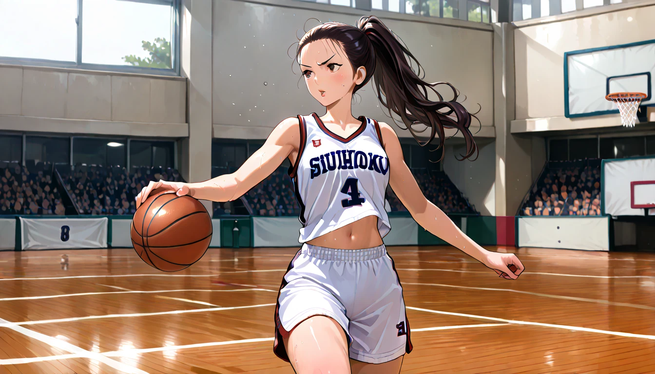 ((top quality)),((masterpiece)),((perfect face)),(ultra-detailed),ultra high res, 8k, 2girls, slam dunk, basketball court, playing basketball, exquisite, cowboy shot, (very aesthetic:1.2), (absurdres:1.2), (detailed background),newest, perfect anatomy,