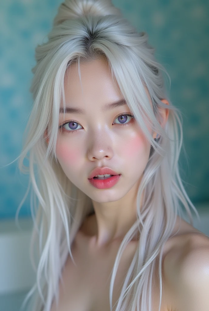 (photorealism:1.2), Korean girl, with long straight platinum hair, and blue eyes, pouting, she wears a violet strapless top with glitter, selfie closeup, thin nose