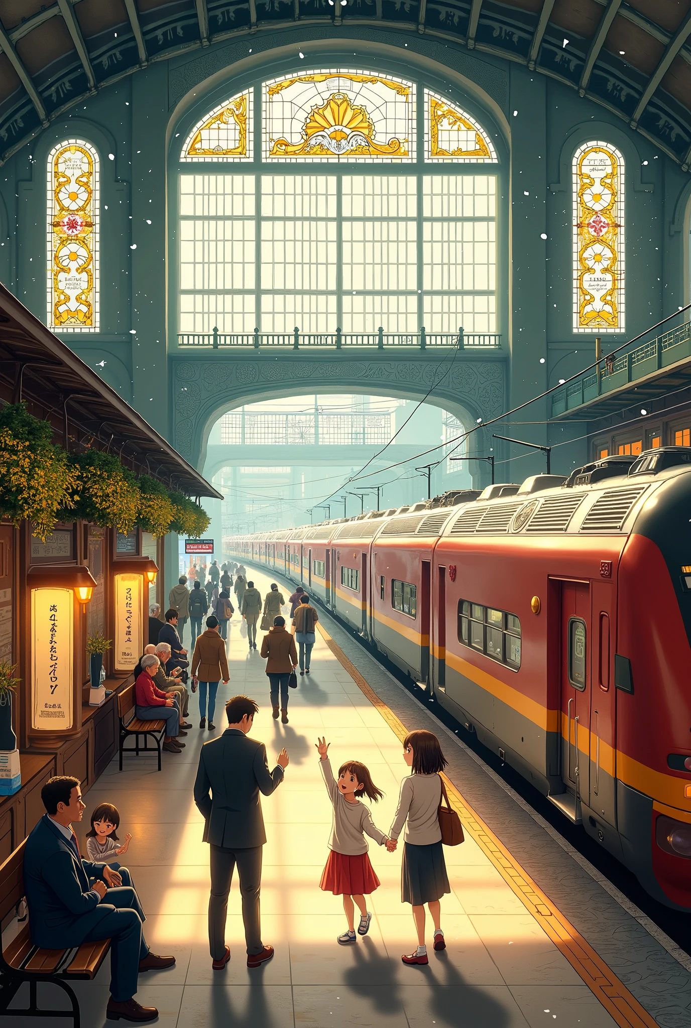 A busy train station bustling with activity, illustrated in the charming style of Hayao Miyazaki and infused with the fresh, vibrant elements of Makoto Shinkai's manga. The scene features a variety of characters: a young girl with a backpack excitedly waving goodbye to her friends, a businessman checking his watch impatiently, and an elderly couple sharing a quiet moment on a bench. Above, vintage-style trains arrive and depart, their sleek designs contrasting with the intricate architecture of the station, adorned with beautiful stained glass windows and hanging plants. Brightly colored advertisements line the walls, showcasing local attractions and events. The platform is alive with movement, where passengers rush to catch their trains while others leisurely sip coffee from nearby kiosks. Soft sunlight streams through the large windows, casting warm, golden light across the scene, creating a cozy yet bustling atmosphere that captures the essence of travel and connection. Snowflakes gently fall outside, adding a touch of magic to this lively urban setting.
