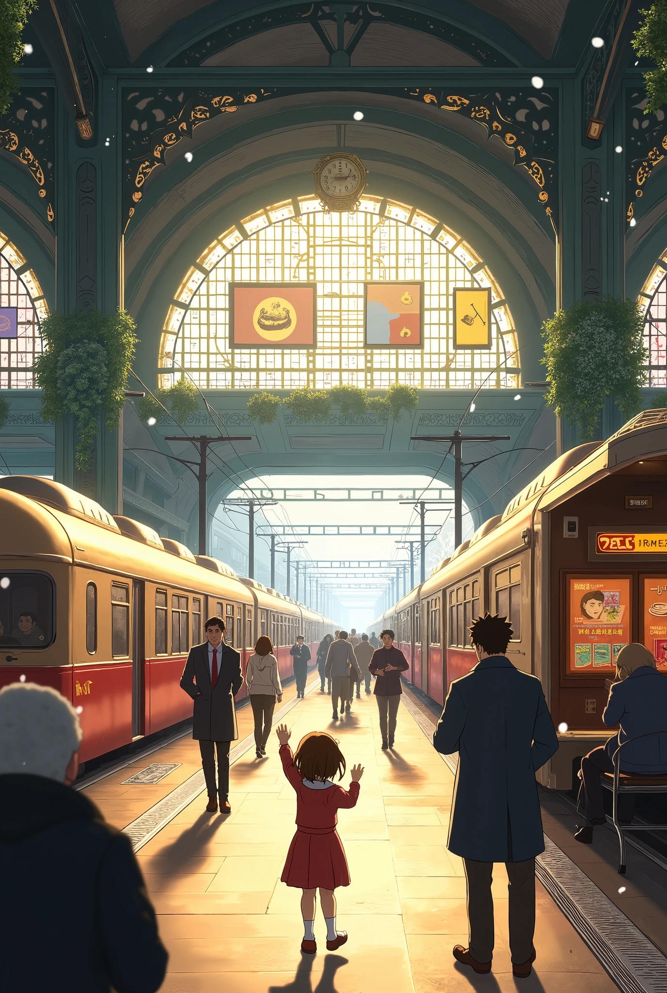 A busy train station bustling with activity, illustrated in the charming style of Hayao Miyazaki and infused with the fresh, vibrant elements of Makoto Shinkai's manga. The scene features a variety of characters: a young girl with a backpack excitedly waving goodbye to her friends, a businessman checking his watch impatiently, and an elderly couple sharing a quiet moment on a bench. Above, vintage-style trains arrive and depart, their sleek designs contrasting with the intricate architecture of the station, adorned with beautiful stained glass windows and hanging plants. Brightly colored advertisements line the walls, showcasing local attractions and events. The platform is alive with movement, where passengers rush to catch their trains while others leisurely sip coffee from nearby kiosks. Soft sunlight streams through the large windows, casting warm, golden light across the scene, creating a cozy yet bustling atmosphere that captures the essence of travel and connection. Snowflakes gently fall outside, adding a touch of magic to this lively urban setting.
