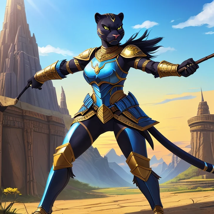 Masterpiece, HD High Resolution, high quality, Best Quality, super detailed. Solo creature alone, multiple views. Fantasy art.
{{(A 80-years-old adult-female-black-panther-humanoid-warrior:(appearance: true-female-panther-face. Panther-black-body-hair. Black-panther-fur. Panther-yellow-eyes. female-humanoid-upper-body. two-legs-shaped-as-panther-legs. Panther-tail. Panther-claws. Serious-face-very-confident and honorable. She has honorable-demeanor. brave and heroic personality. she stands 1,82-meters-tall. she poses bravely wielding a spear with both-hands.),(equipment: zulu-spear.),(she wears: blue-heavy-Kush-armor. yellow kush-styled shirt. yellow pants. Blue-knees-armors. Blue-shoulders-armors. Blue-arms-armors. Blue-heavy-armored-cuirass. Heavy-blue-breastplate. Blue-heavy-helmet-armor.),(scenery: Zulu-mountain. Rodesian-fantasy-city. light-blue sky. sunny day.))}}