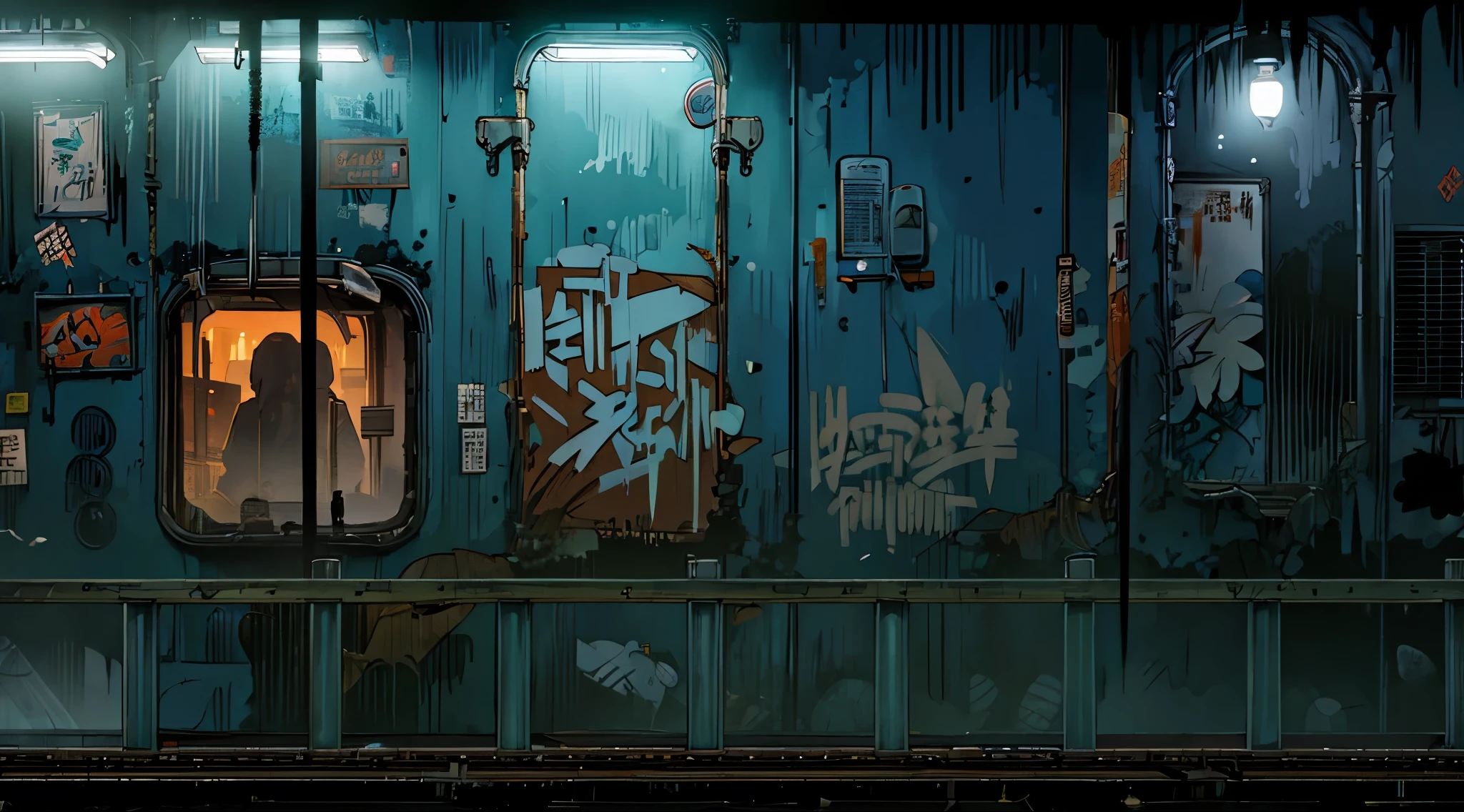 ghibli style, fence in the ruined post-apocalyptic subway metro station, ((camera lateral)), colums, (((rusty abandomned subway metro train car covered in graffit))), trash cans, vending machines clothes line crossing the streets, (wasteland), graffit on the walls, urban themed fighting game scenery, (((night time))), dark clouds, street fighter scenery, trash bags in a corner, trash container in the alleyway, (humid ground with small water pools)