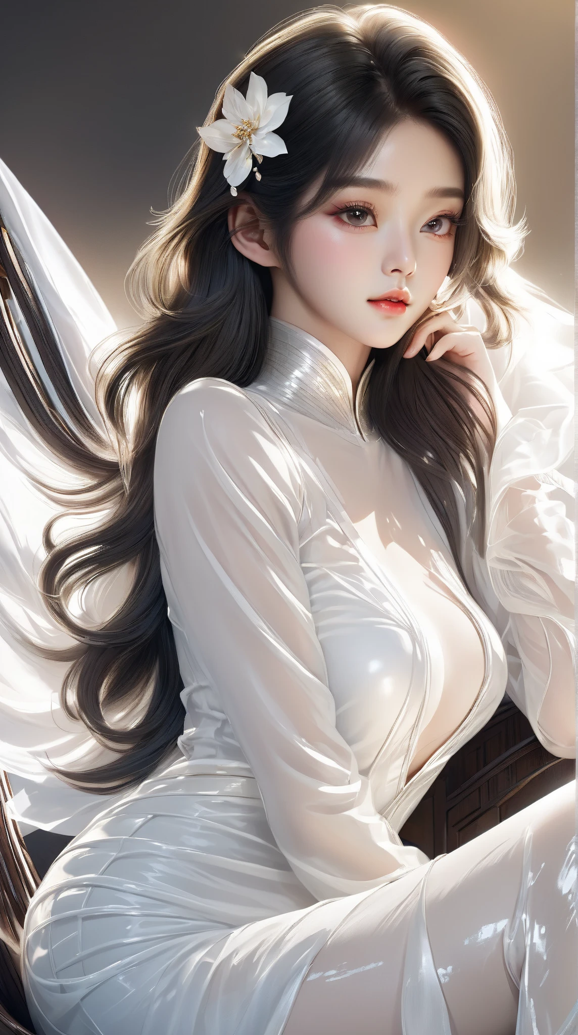 Close-up of a beautiful young Korean woman 、 sitting on chair,  Close-up of gorgeous chinese young woman  ,  white clothes are very transparent, Breast and visible 