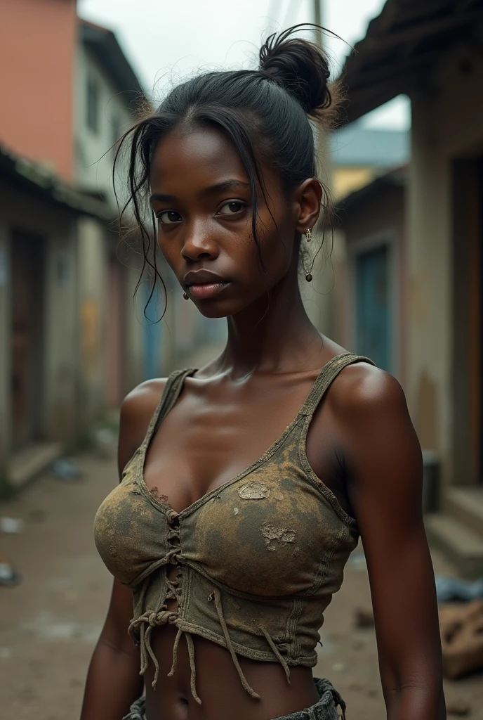 dark skin woman, scared face walking in a favela in Brazil, wearing denim shorts and no t-shirt, small breasts and brown nipples ultra realistic image with perfect details of skin and objects without errors in image composition, perfect image looking like a high resolution photograph