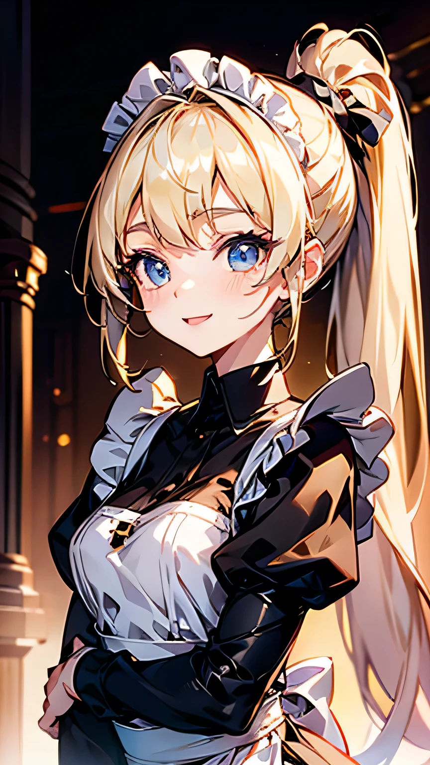 High quality, Best quality , masterpiece, Bright expression、ponytail、Young, shiny, white, glossy skin、Gloss Face、Shining Cheek Gloss、Small Face Beauty、The best beauty、The dazzling light of blonde hair、Bright blonde hair with dazzling highlights、Very beautiful shiny light blonde hair、super long silky straight hair、Her shiny, beautiful bangs are covering her eyes.、Sparkling, clear, attractive, bright, large, pale blue eyes、Very big eyes、eyeliner、very beautiful lovely cute 16 year old girl、young girl, Ample Bust, upper body , (smile:1.2) , (roll collar dress:1.2, ponytail ),in castle ,huge breast , smile
