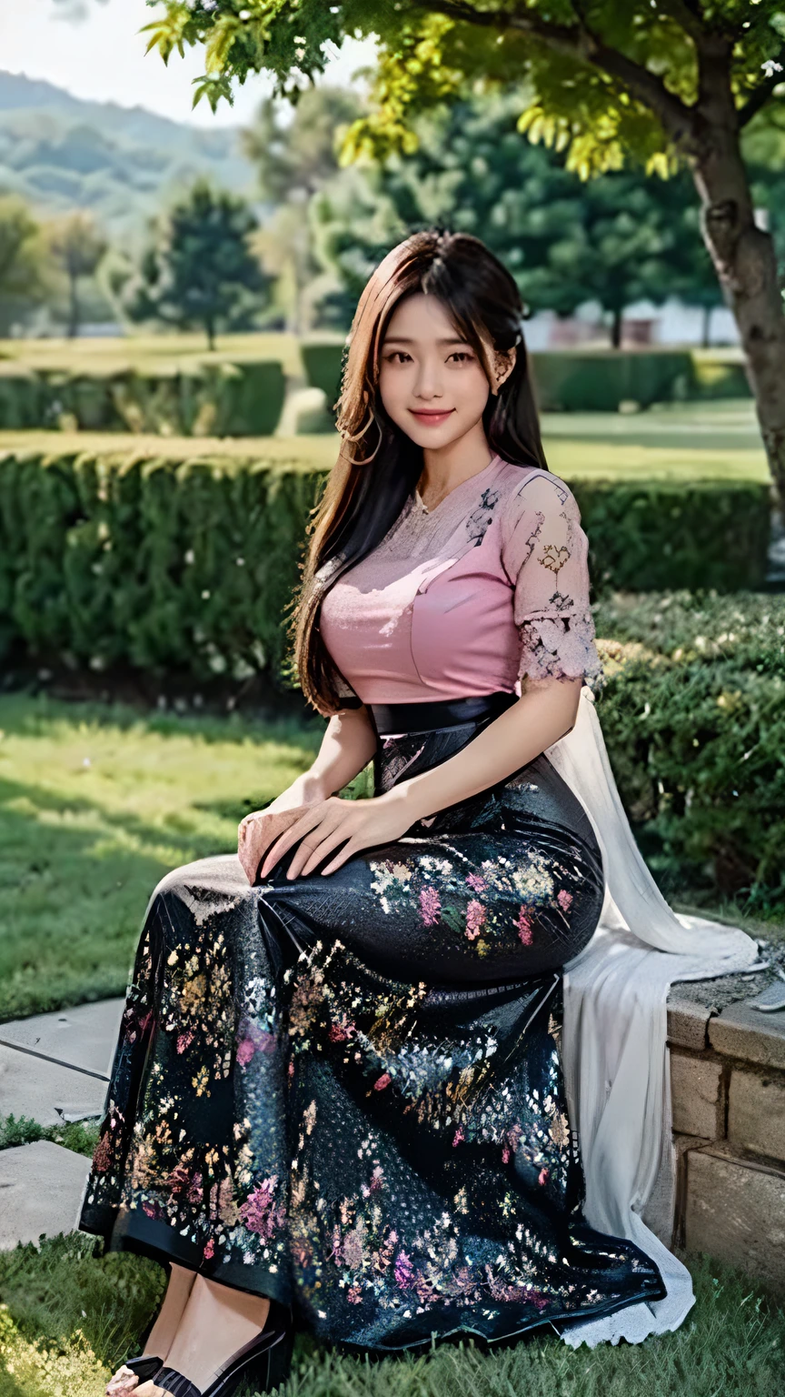 24 years beautiful Girl, korean Girl, K, (masterpiece: 1.4), Beautiful glitter Pink lace top and Black floral long skirt Burmese outfit dress, frock knee length, nature background, beautiful smile, (smile: 1.2), detailed background, detailed dress, ultra HD image quality, sitting on green grass, 8D , CG unity 8k wallpaper, perfect figure, Young Girl, Falling leafs, Beautiful Nature, 