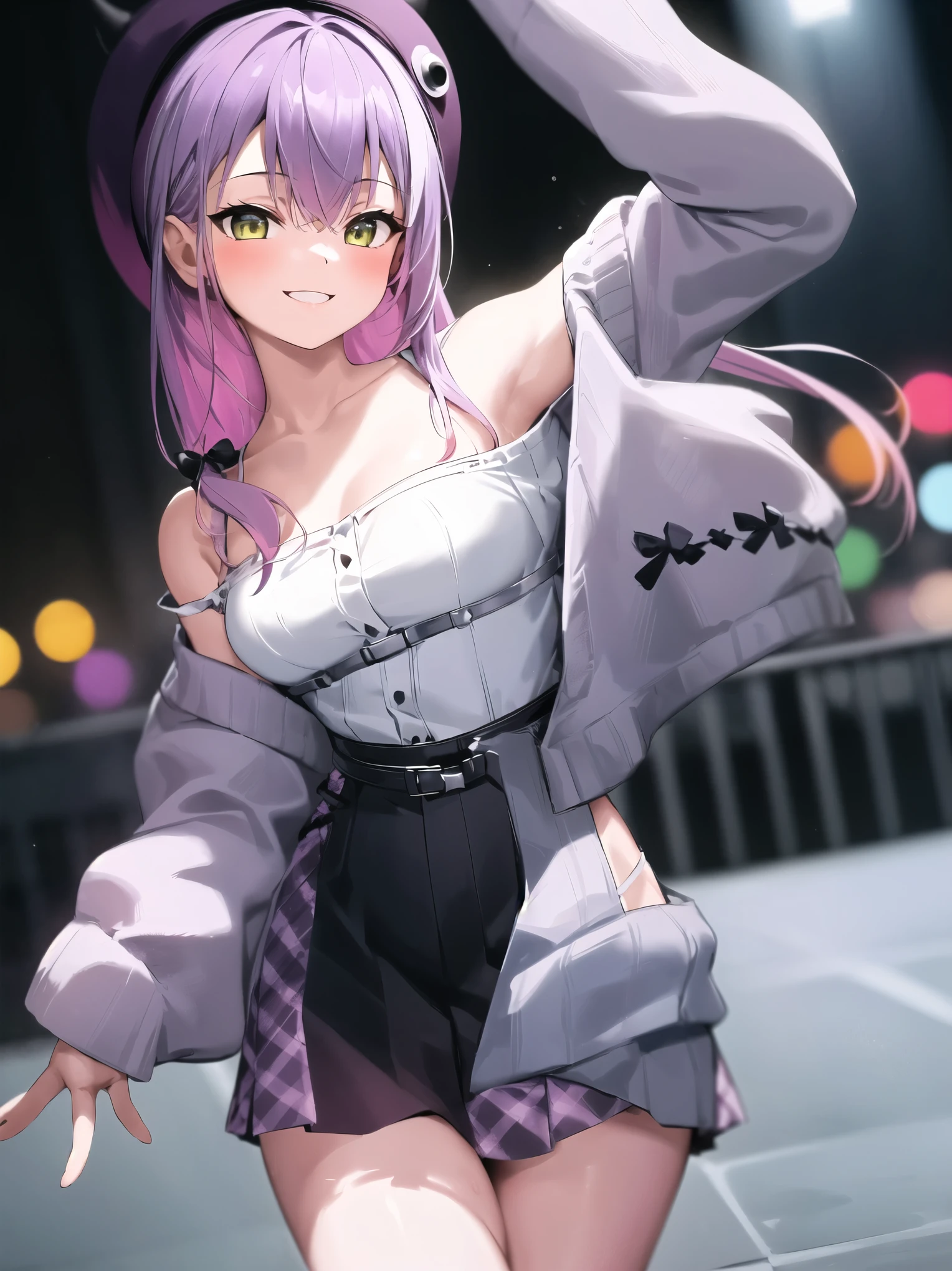 1 girl, Alone, (Highly praised, crowd, Colorful Lights ), cowboy shooting, very smiling, casual, Earth system, frill shirt , High Waist Skirt, off shoulder, Grey Cardigan , beret, False horns, seam, Very White All Over , Extremely Strong Light , Extremely Strong Highlights ,