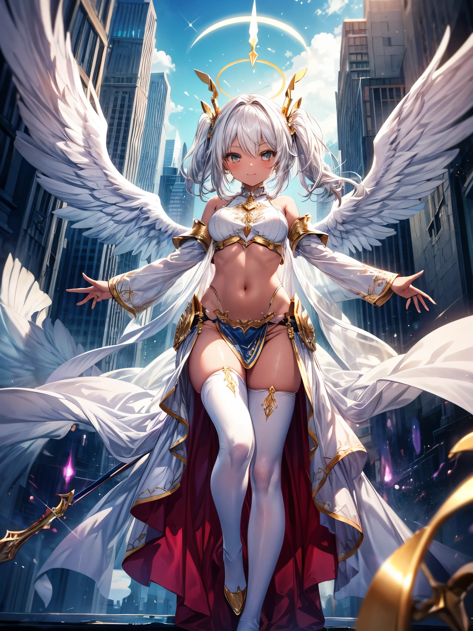 masterpiece, best quality, integrated scenery, integrated background, extremely delicate and beautiful, meticulous details, good composition, , cute face, perfect face, perfect hands,  fantasy, 1angel_girl, low_****,Shiny_turquoise_hair,long_bangs, (dark_skin),bare_shoulder, navel out, thighhighs,silver_shiny_armor, white_clothes,waist_armor, Glebe, hold_swords, medium_breasts, dynamic_flying_pose,Floating, (1pair_white_wings:1.2),(pelvic_curtain:1.3), silver_Headgear ,looking_down_at_sunset_city_sky_background,,slightly_spread_legs, some_swords,some_swords_floating_around_the_girl,solo,glare_halo,smile,open_legs,open_arms,rise_knee,rise_leg,rise_thigh,rise_leg,forward_leaning_posture,apart_legs, glitter_gold_eyes, fine_gold_embroidery