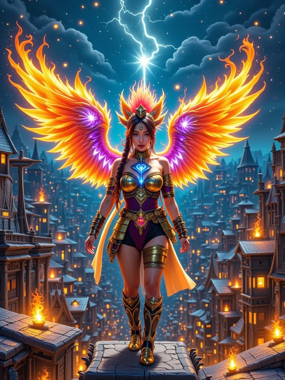 Powerfull being in above the sky looking in medieval town, dragon like armored woman, asian face looks, power effects on whole body, glowing eyes, ultra-realistic, drone shot, Cinematic, Hyperrealism, her wing made of pure flame, evil glowing eyes, Wide Shot, Glowing Eyes, Mohawk, whole body, European town below is burning, tottoos on body is glowing,