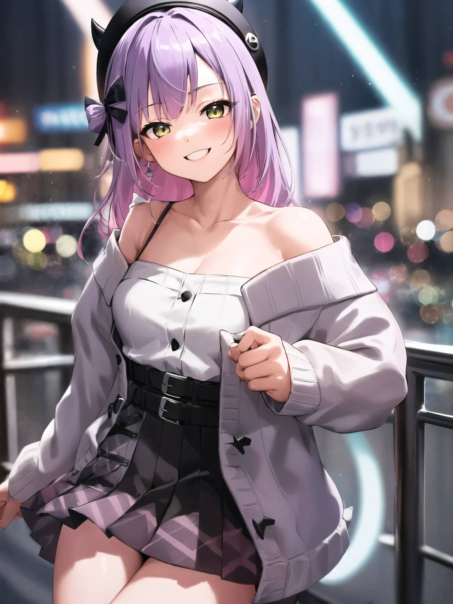 1 girl, Alone, (Highly praised, crowd, Colorful Lights ), cowboy shooting, very smiling, casual, Earth system, frill shirt , High Waist Skirt, off shoulder, Grey Cardigan , beret, False horns, seam, Very White All Over , Extremely Strong Light , Extremely Strong Highlights ,
