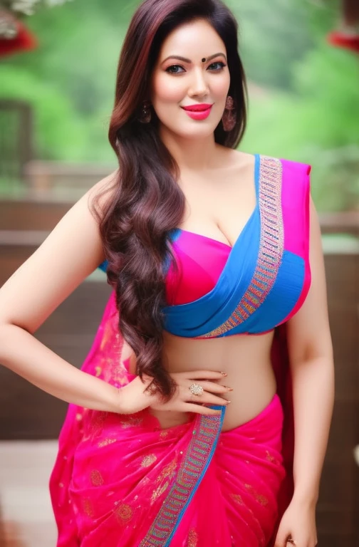 a photo of a woman, stylish, outdoor professional portrait, head-shot, slight smile, cute, monsoon wether,munmun,full body, red and blue saree, big ass, big breast,bent over, bikini. 