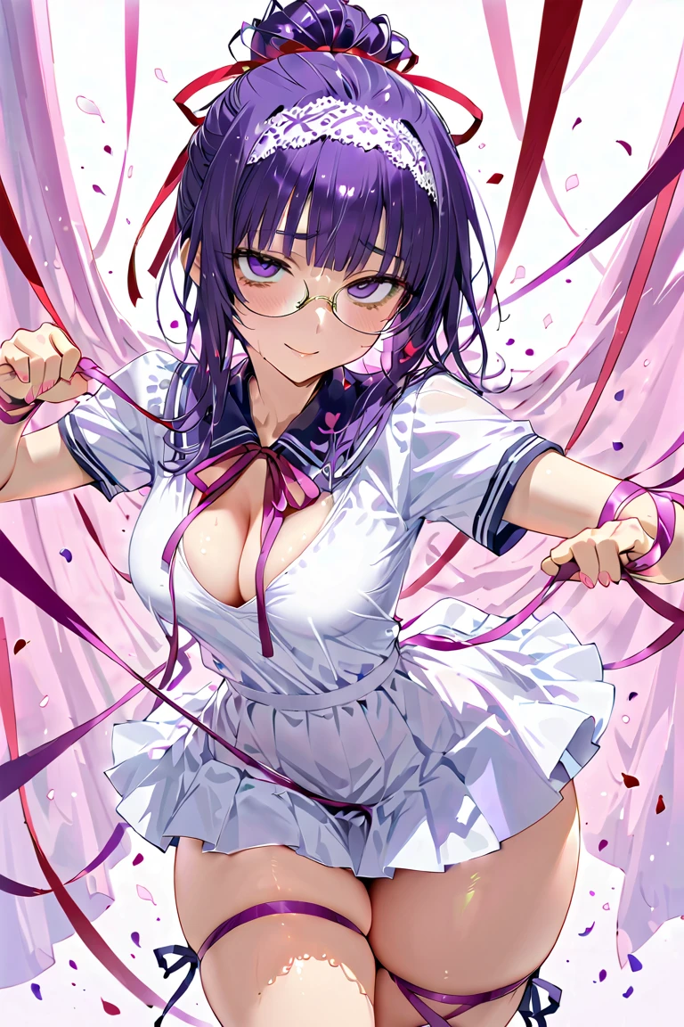 (SFW:1.5), Blindfolded ite mature woman 、Pastel colored school uniforms、 with frills and an embroidered parasol and smiles bewitchingly、 fighting pose、
Large breasts、detailed hairband, (( chignon hair))、(bags under eyes), Round Glasses, violet hair, cowboy shot,  thick thighs、 simple light background、 heart mark in the eye, (glistening skin), (oily skin), (shiny skin),(half closed eyes), My skin is shaking 、(Obscene lines)、( obscene sound effect)、( entangled in lots of ribbons:1.2),, (Ribbons wrapped around arms :1.3)、 ( ribbons entangled around neck :1.3)、 ( ribbons entangled in legs :1.3)、 light-permeable curtains 、Petals dancing in the air in large numbers 、