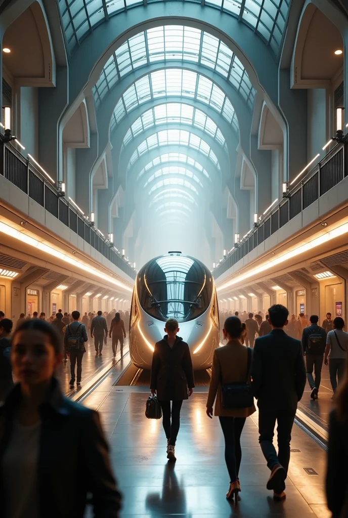 photo realistic of futuristic indoor train station in rush hours, hyper-speed train waiting for passangers,highly detailed, high quality