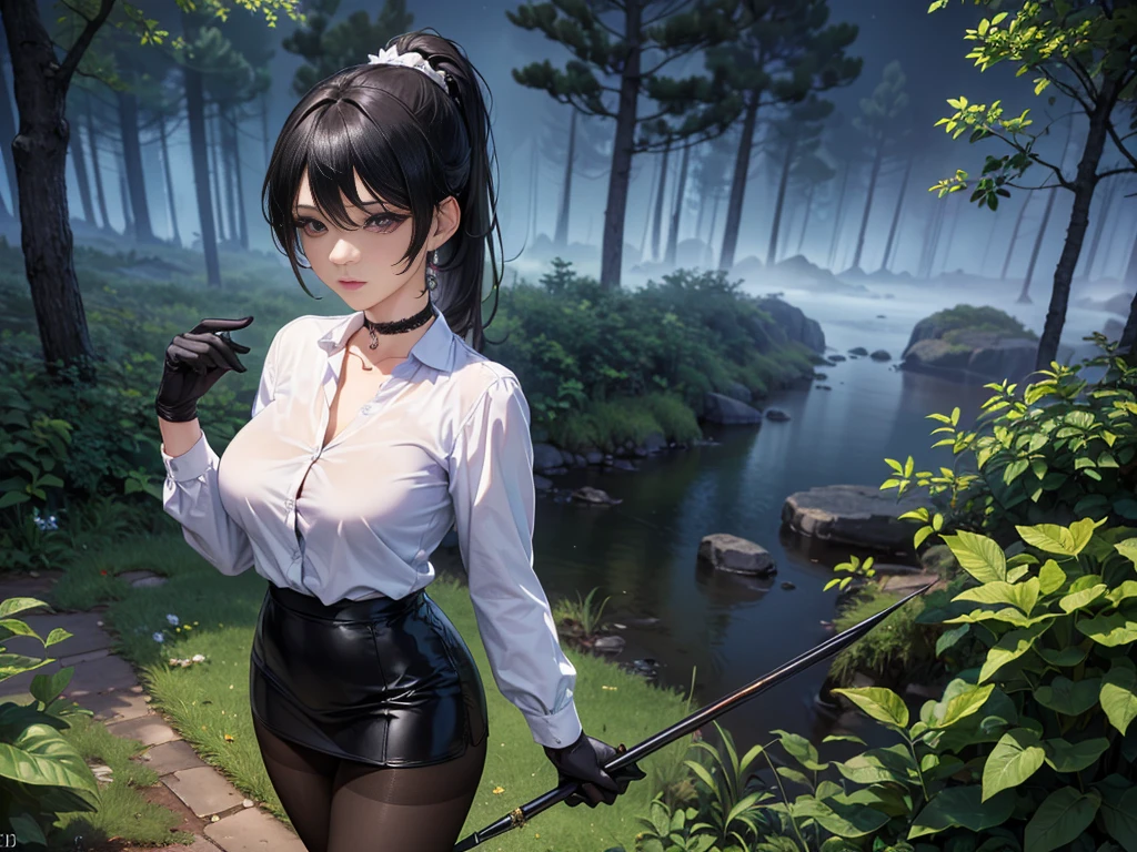 1girl, solo, ninja, forest, trees, Japan, medieval, ((black hair)), ponytail, large breasts, ((black shirt)), ((unbuttoned shirt)), unbuttoning buttons, popping buttons, ((short sleeved shirt)), cleavage 1:3, purple eyes, ((black shorts)), grin, standng, hair ribbon, samurai sword, katana, looking at the viewer
