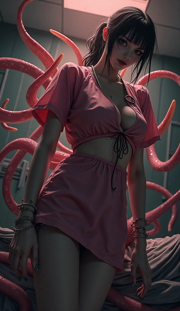 (masterpiece, best quality),1girl, beautiful face,   <lora:EldritchTentacle:1> eldritchtentacle,  arms up, tentacle pit, torn clothes,