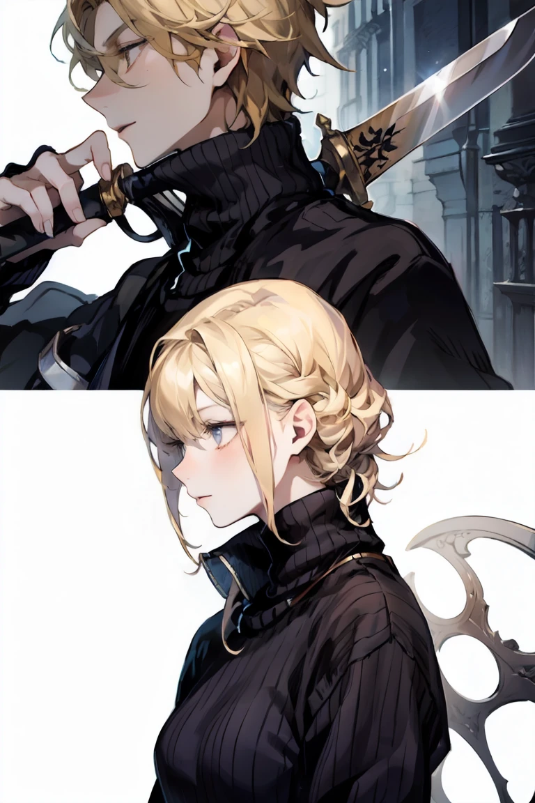  composition seen from the side 、 I have a large sword 、 1 man、 black turtleneck、 sweater、Blonde