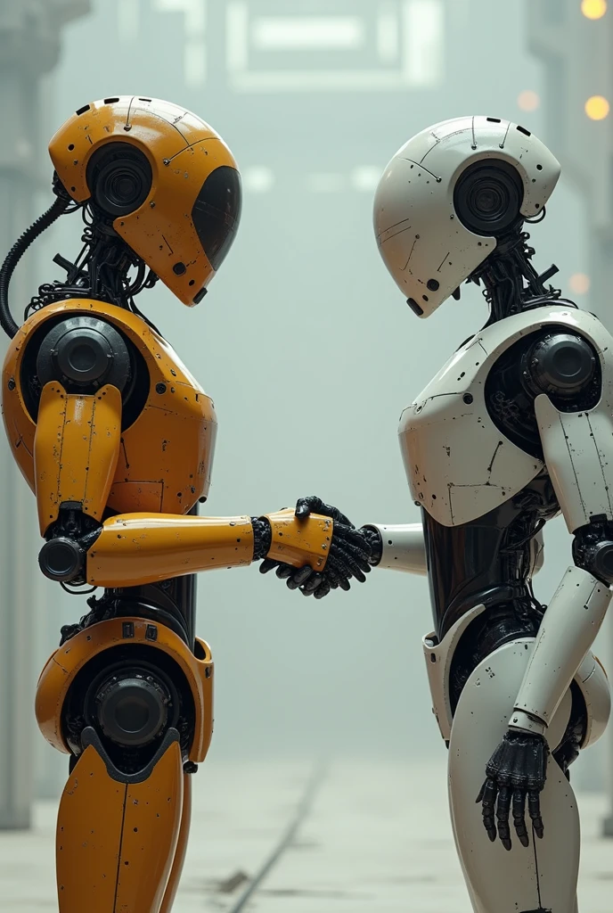 Two humanoid robos, with human anatomy but still perceptibly robotic, one representing Brazil and the other the USA, disputing world hegemony