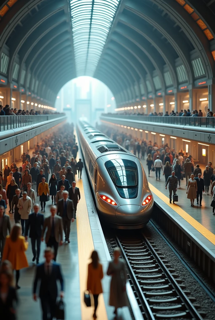 photo realistic of futuristic indoor train station in rush hours, hyper-speed train waiting for passangers,highly detailed, high quality, shot from above, ceiling viewer