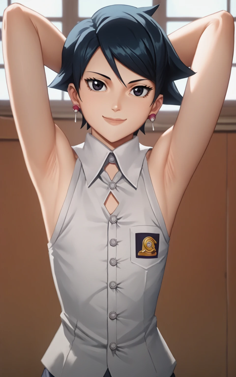 score_9, score_8_up, score_7_up, source_anime, anime screencap, 1girl, solo, sarada, mature, short hair, indonesian highschool outfit, sleeveless shirt, collared shirt, buttons, sleeveless, bare shoulders, bare arms, arms behind head, armpits, flat chest, from above, looking at viewer, head towards viewer, smile, closed mouth, badhandv4, indoors, juicy armpits