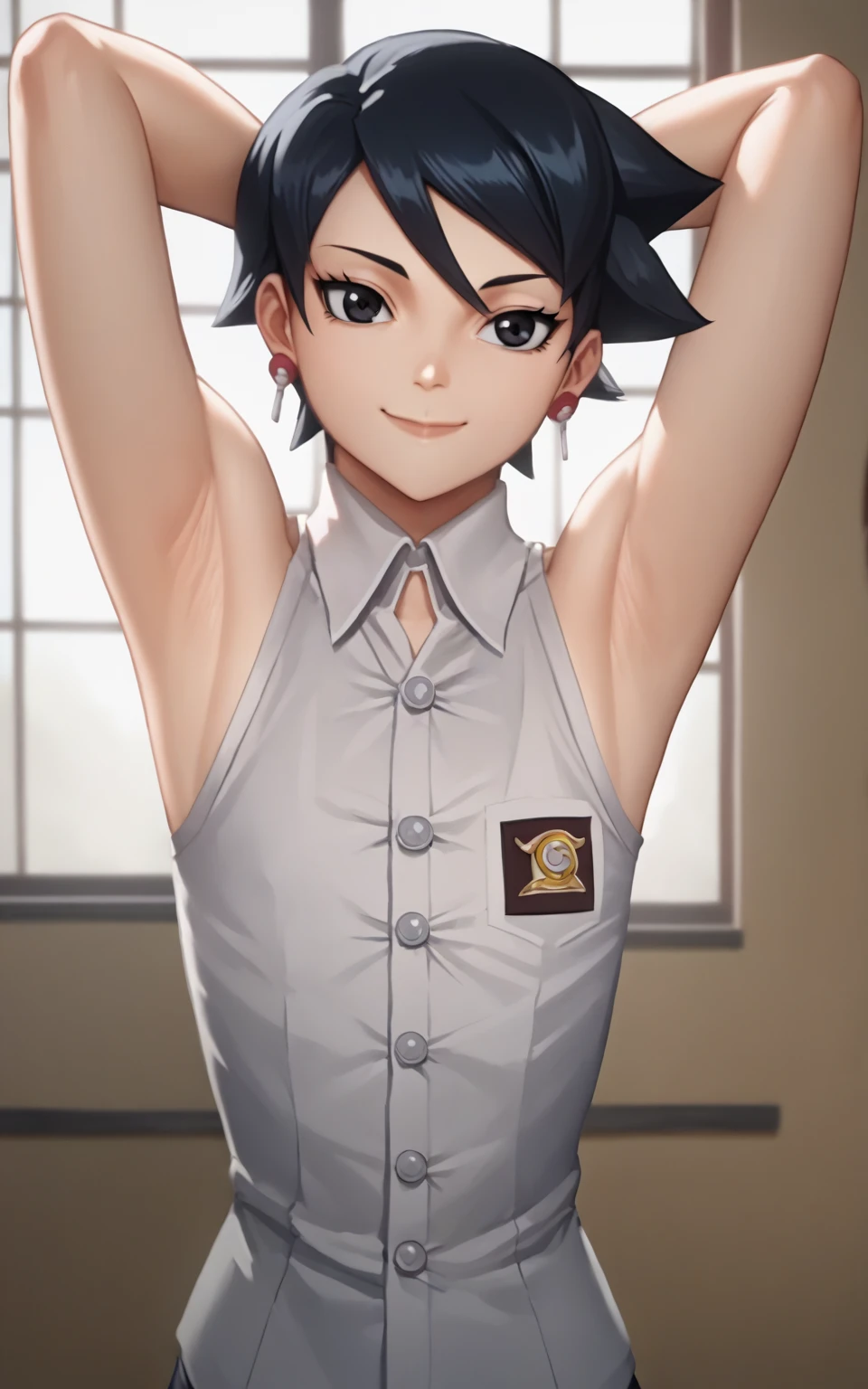 score_9, score_8_up, score_7_up, source_anime, anime screencap, 1girl, solo, sarada, mature, short hair, indonesian highschool outfit, sleeveless shirt, collared shirt, buttons, sleeveless, bare shoulders, bare arms, arms behind head, armpits, flat chest, from above, looking at viewer, head towards viewer, smile, closed mouth, badhandv4, indoors, juicy armpits