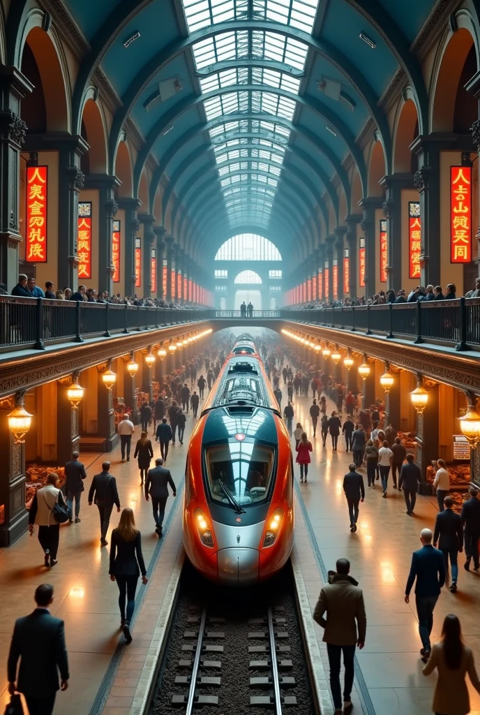 photo realistic of indoor train station in rush hours, hyper-speed train waiting for passangers,highly detailed, high quality, shot from above, ceiling viewer